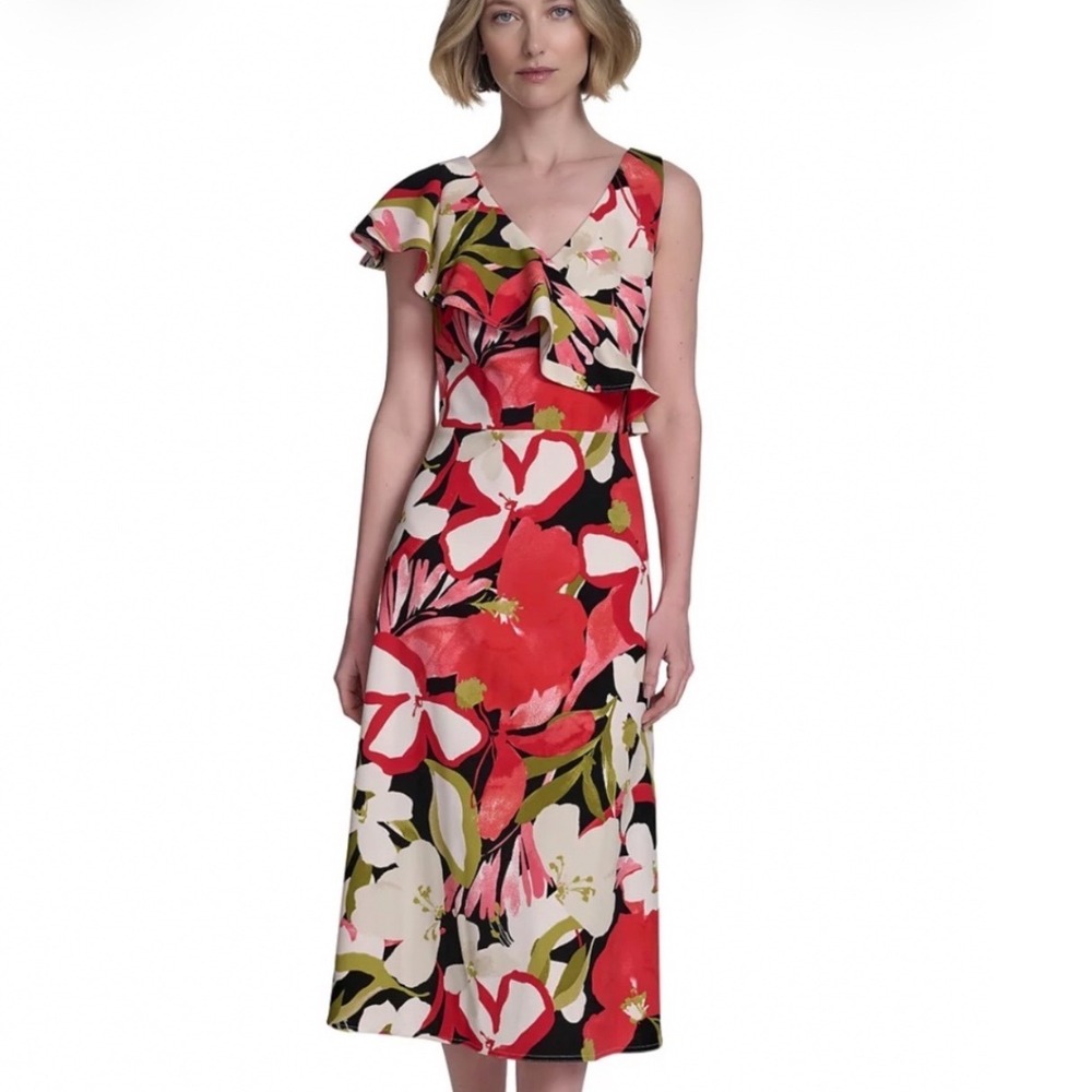 Halston Floral One Shoulder Ruffle Midi Dress Women Size 14 NEW NWT